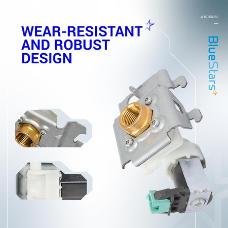 W10158389 dishwasher water inlet valve replacement showing multiple angles and close-up details of the brass fitting.