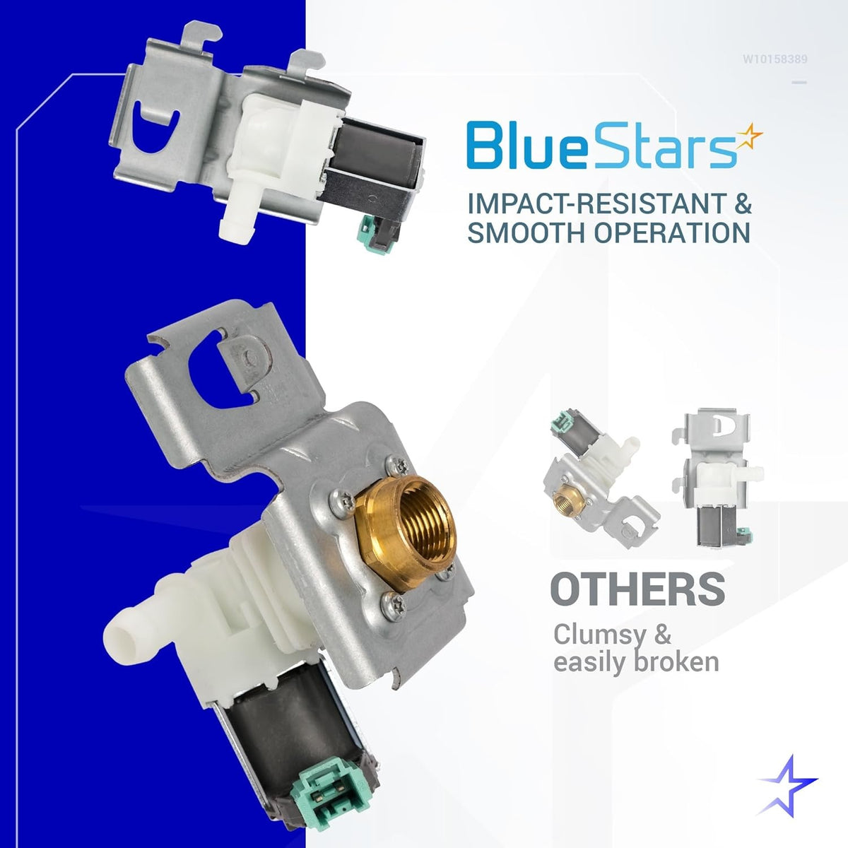 W10158389 dishwasher water inlet valve replacement showing durable construction compared to standard parts.