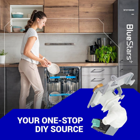 W10158389 dishwasher water inlet valve replacement part shown against a kitchen background.