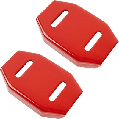 Two red snow blower double roller skid shoes with mounting slots.