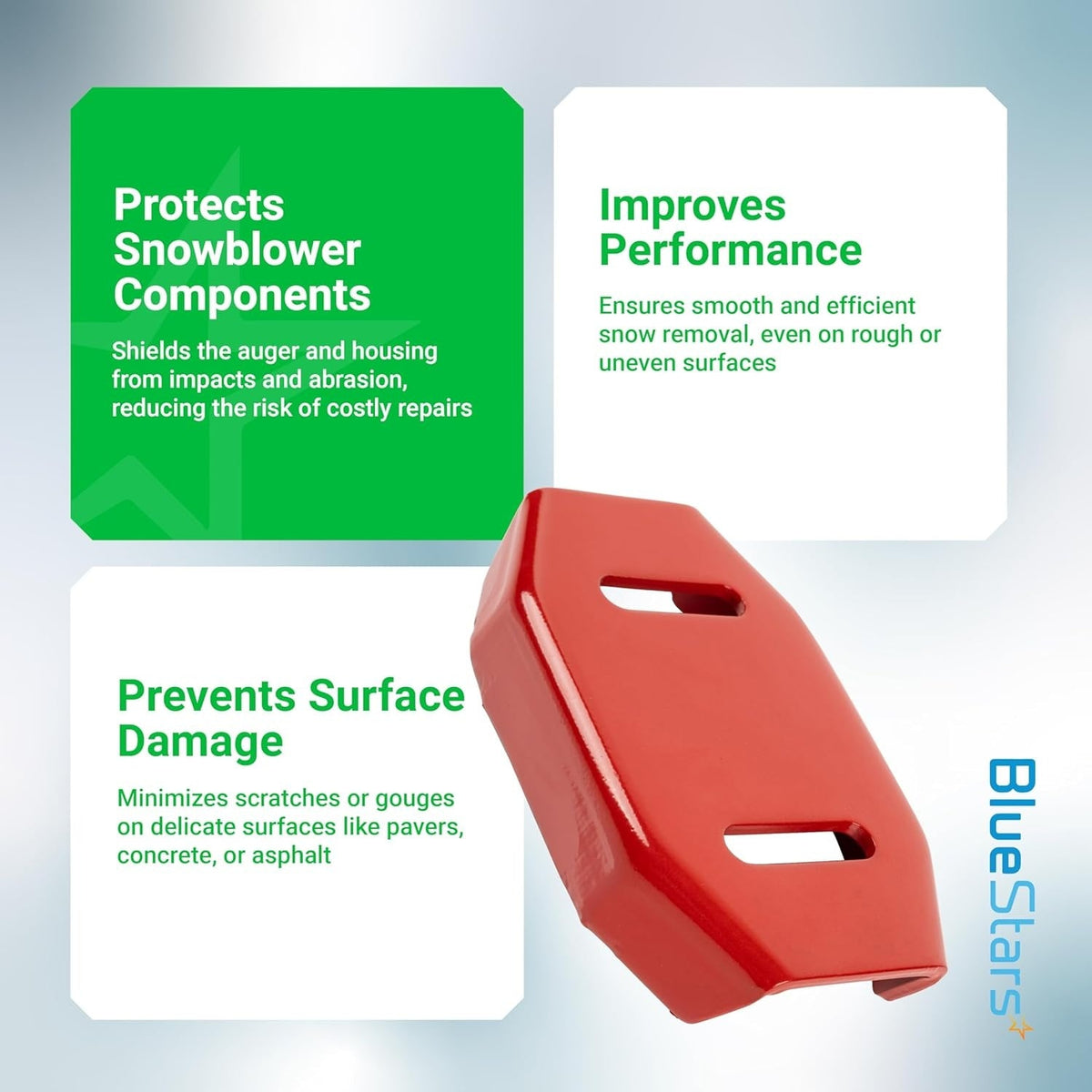 Single red snow blower double roller skid shoe with informational text overlay.