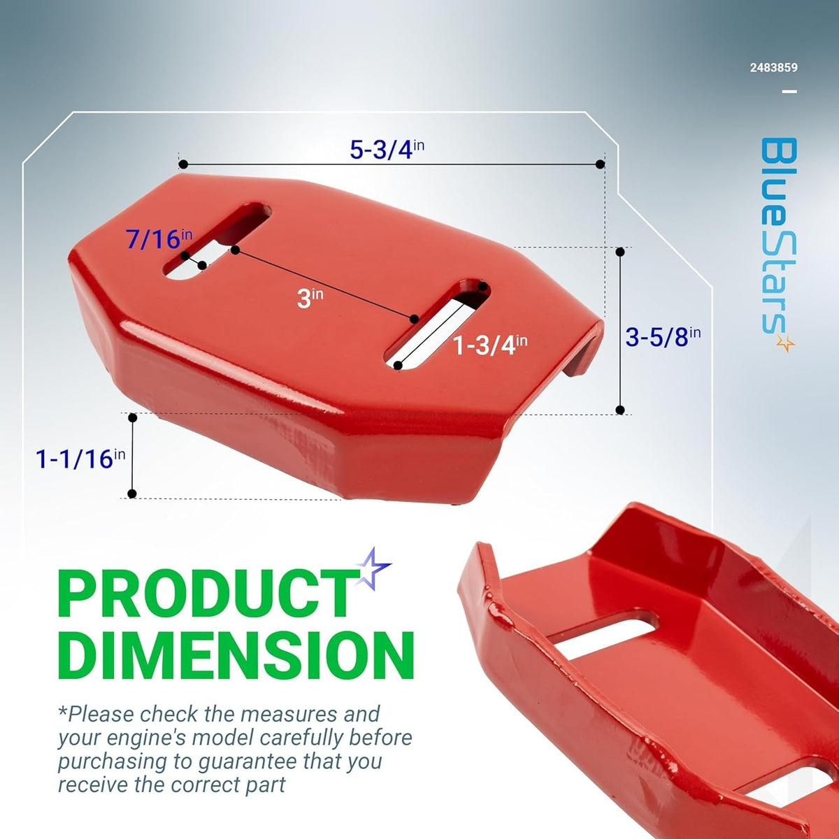 Dimensional diagram of red snow blower double roller skid shoe showing measurements in inches.