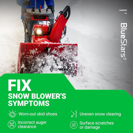 Informational graphic showing a red snow blower and symptoms indicating the need for 02483859 double roller skid shoes.