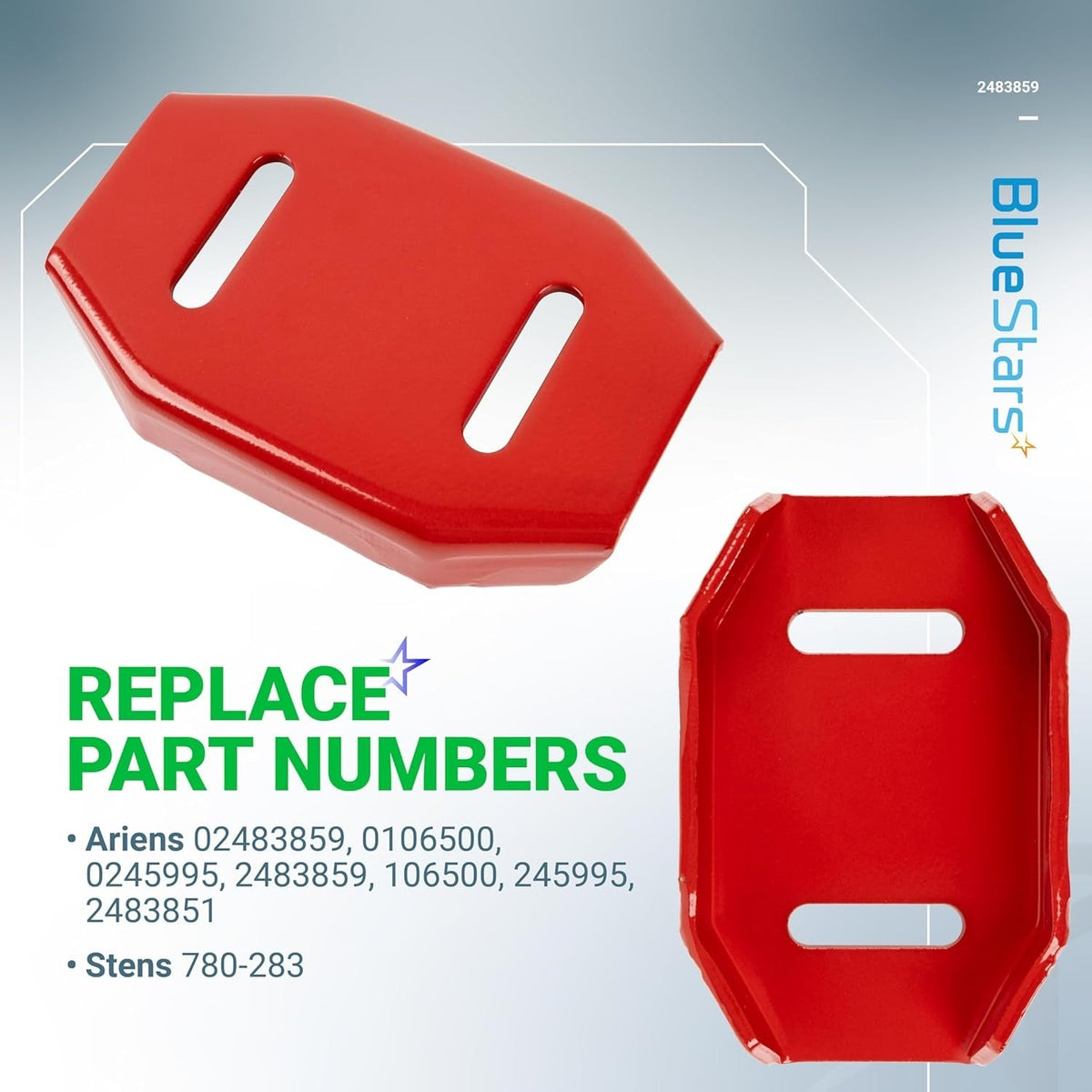 Two red double roller skid shoes for snow blowers, replacement parts for Ariens 02483859.