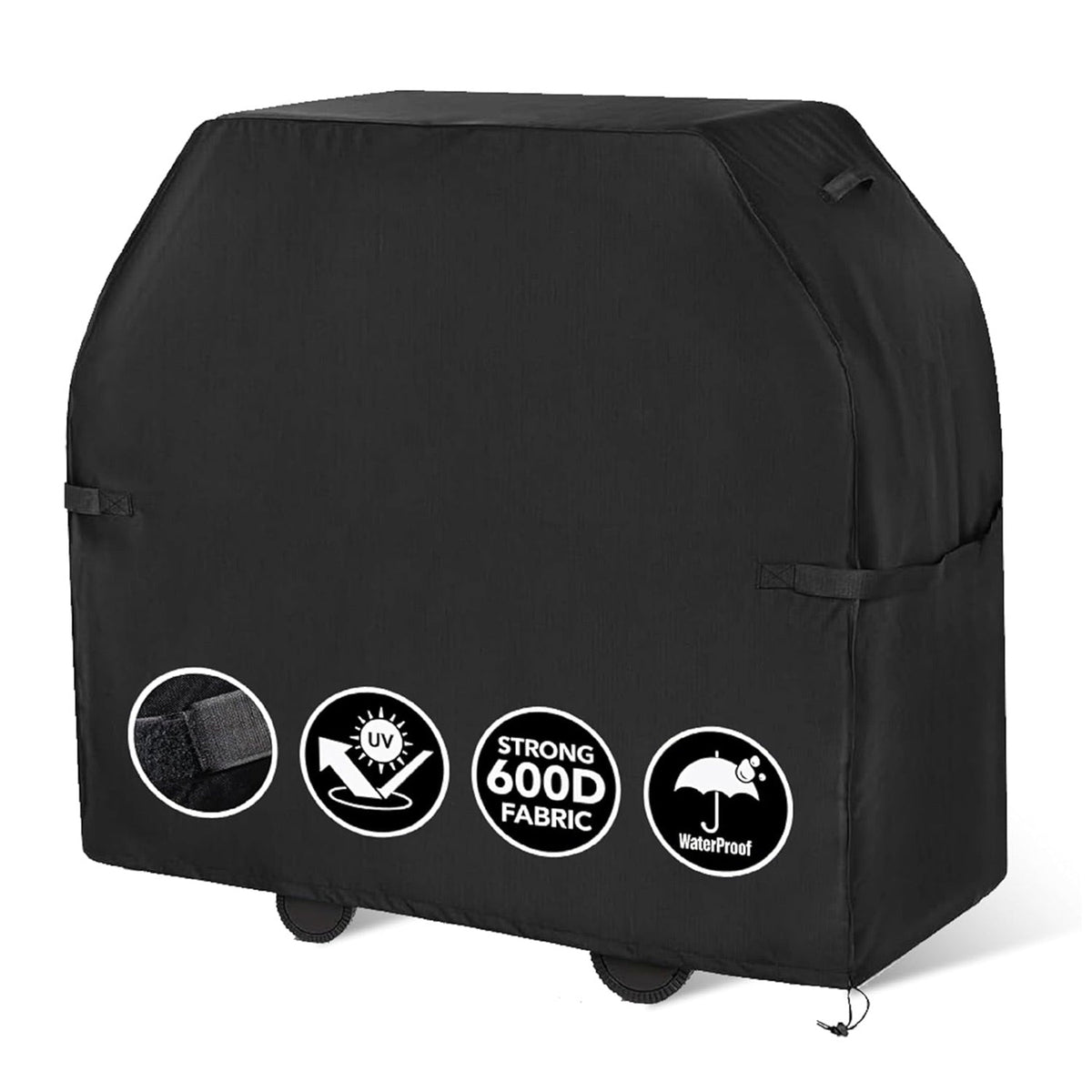 Black 55-inch heavy-duty 600D waterproof grill cover with UV protection icons.