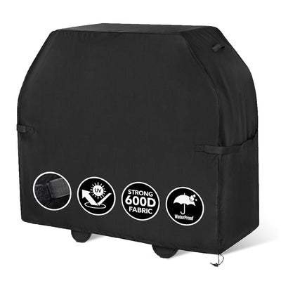 Black 55-inch heavy-duty 600D waterproof grill cover with UV protection icons.
