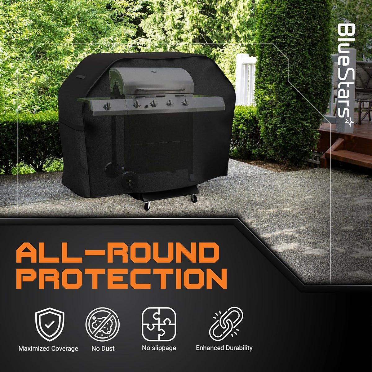 55-inch black 600D grill cover protecting an outdoor gas grill with icons highlighting durability and coverage features.