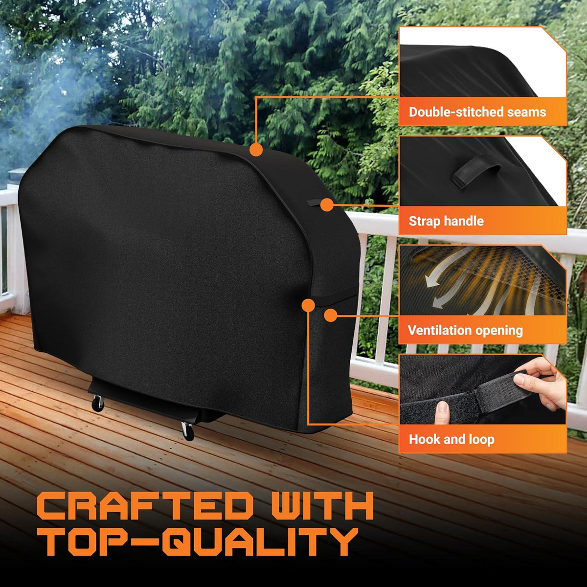 55-inch grill cover features showing double-stitched seams, strap handles, ventilation, and hook and loop fasteners.