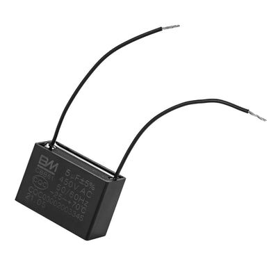 CBB61 5uF 2-wire ceiling fan capacitor with black rectangular housing and wire leads.