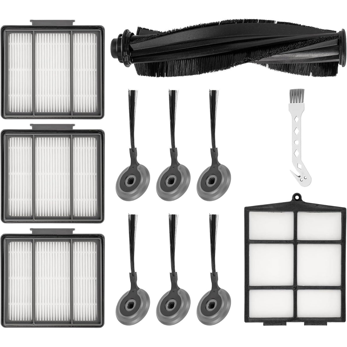 Replacement accessory kit for Shark ION robot vacuums including main brush, 6 side brushes, 3 HEPA filters, and tools.