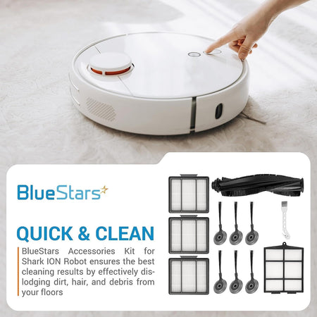 BlueStars accessories kit for Shark ION robot vacuum including brushes, filters, and cleaning tool.