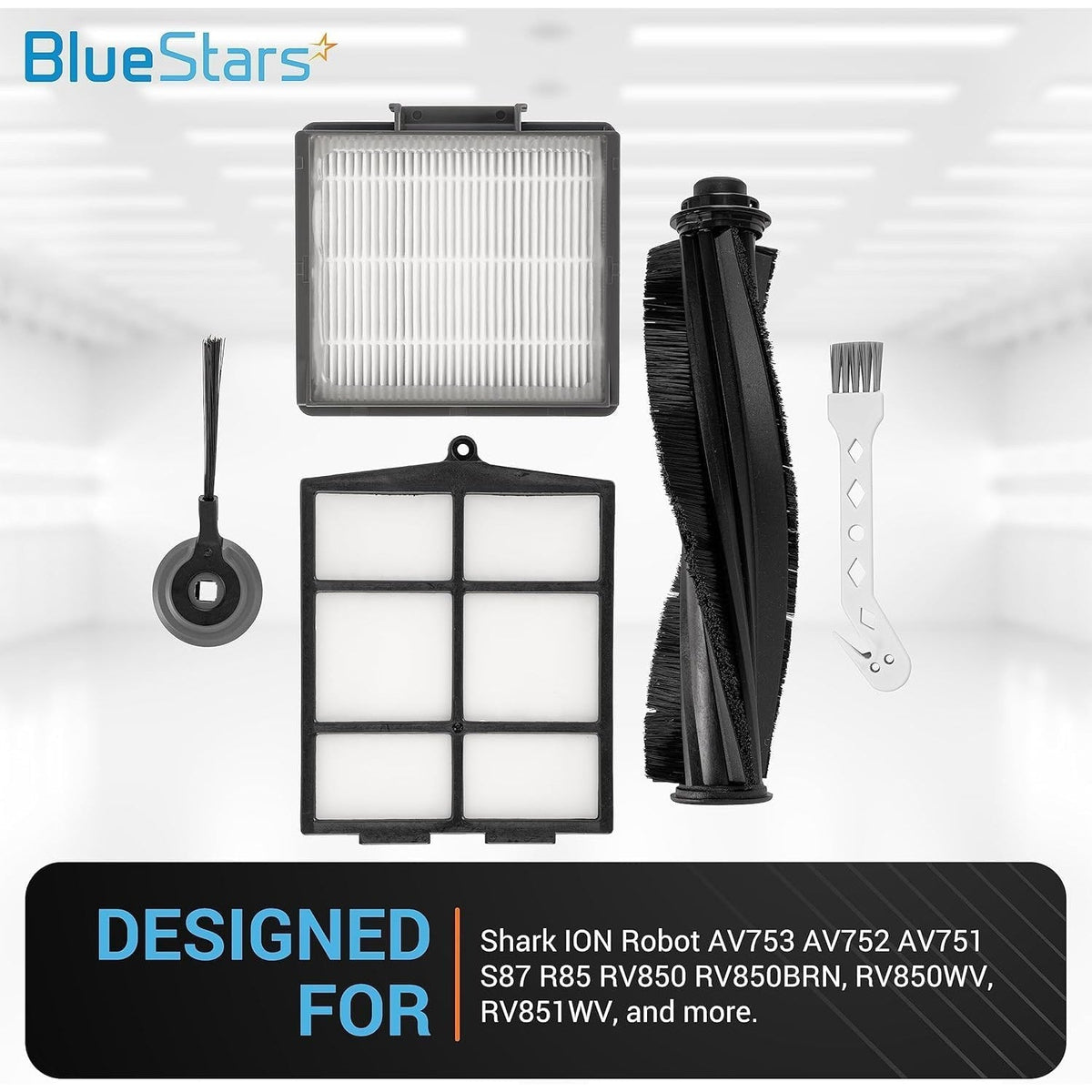 Replacement main brush, HEPA filter, filter guard, side brush, and cleaning tool for Shark ION robot vacuum cleaners.