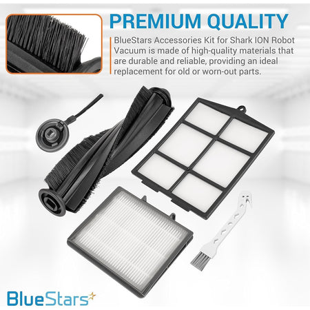 Replacement main brush, HEPA filter, filter guard, side brush, and cleaning tool for Shark ION robot vacuums.