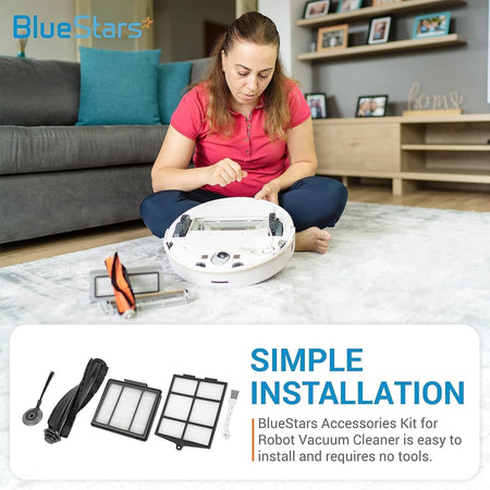 Woman installing replacement parts into a Shark ION robot vacuum cleaner with accessories kit components shown.