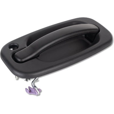 Black driver side exterior door handle with mounting hardware and purple clip.