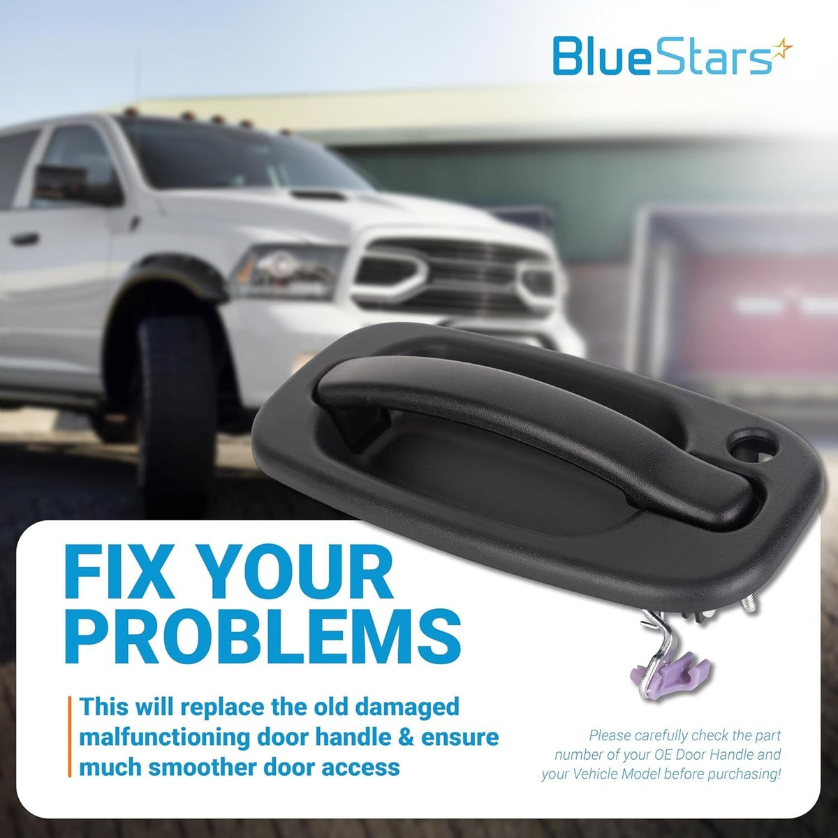 Black driver side exterior door handle replacement part with mounting hardware.