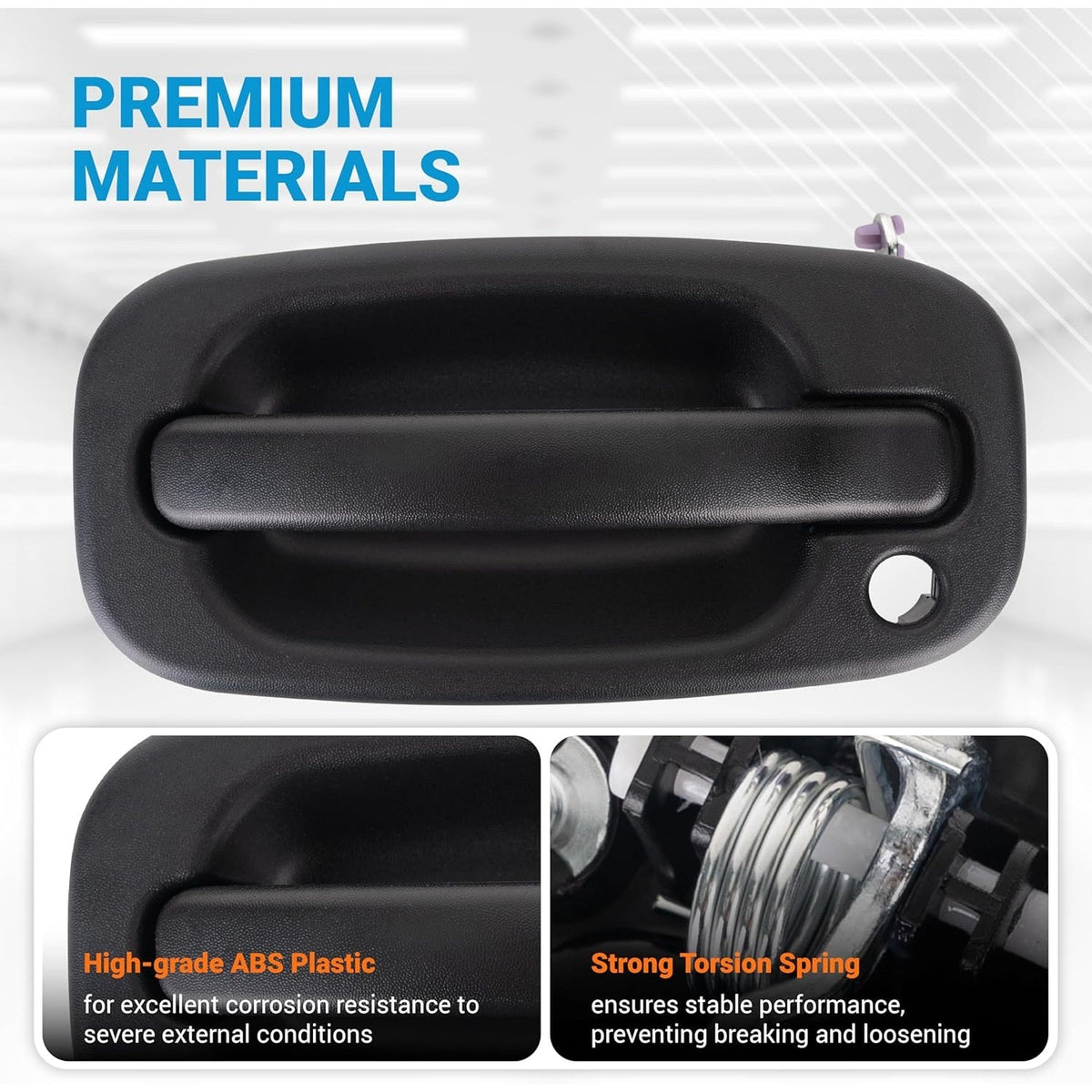 Black driver side exterior door handle 15034985 with close-up views of ABS plastic construction and torsion spring.