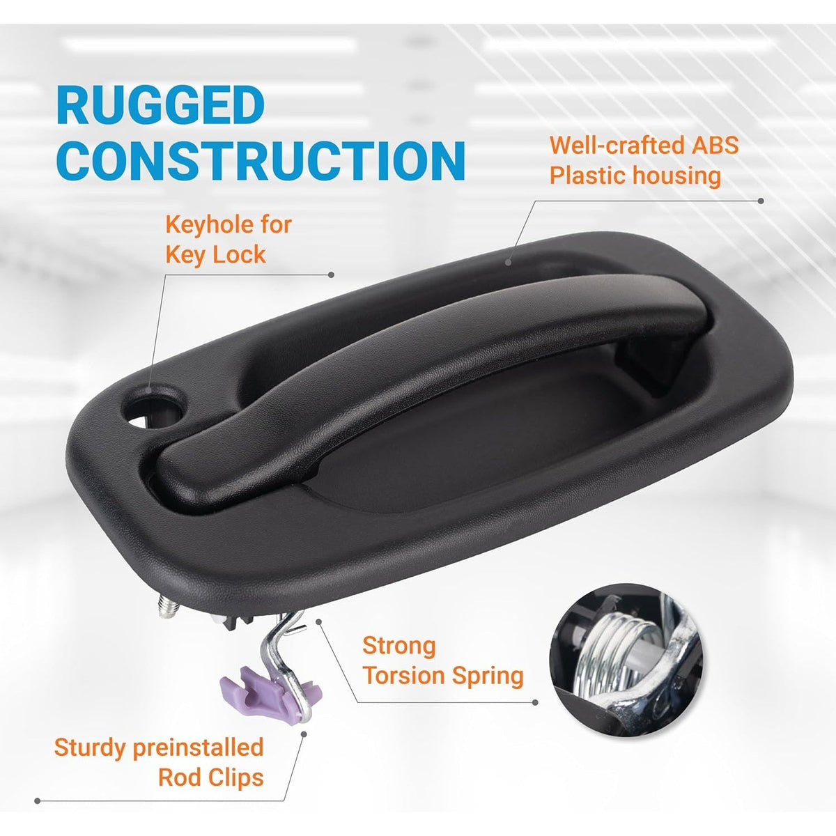 Driver side exterior door handle with ABS plastic housing, keyhole, torsion spring, and preinstalled rod clips.