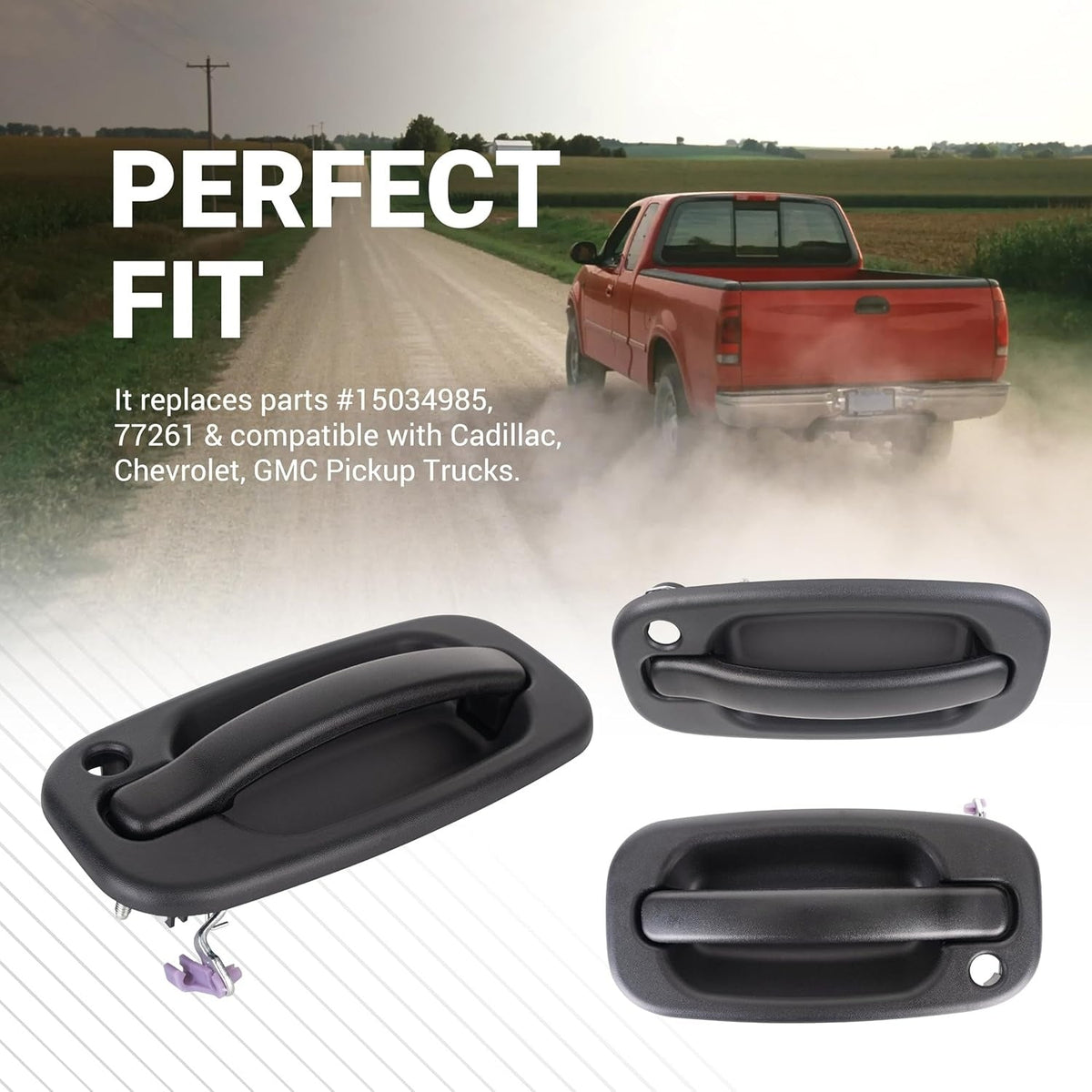 Black driver side exterior door handles for Chevrolet, GMC, and Cadillac pickup trucks.