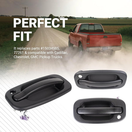 Black driver side exterior door handles for Chevrolet, GMC, and Cadillac pickup trucks.