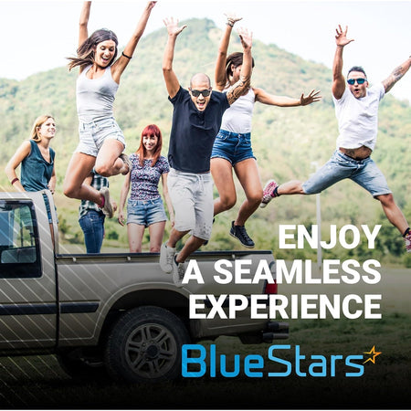 Lifestyle promotional graphic for BlueStars featuring a group of people jumping near a pickup truck.