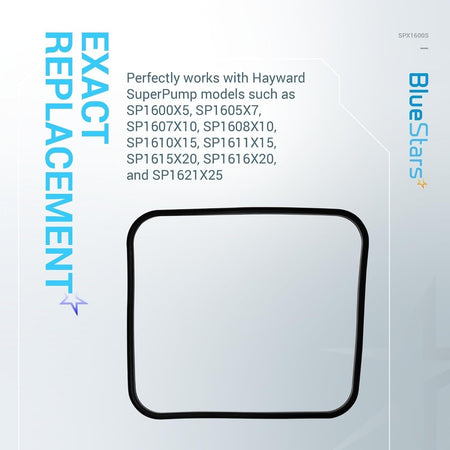 Single SPX1600S square cover gasket for Hayward SuperPump models on informational background.