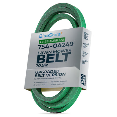 Green 70.9-inch lower drive belt for MTD, Troy-Bilt, and Craftsman mowers in BlueStars retail packaging.