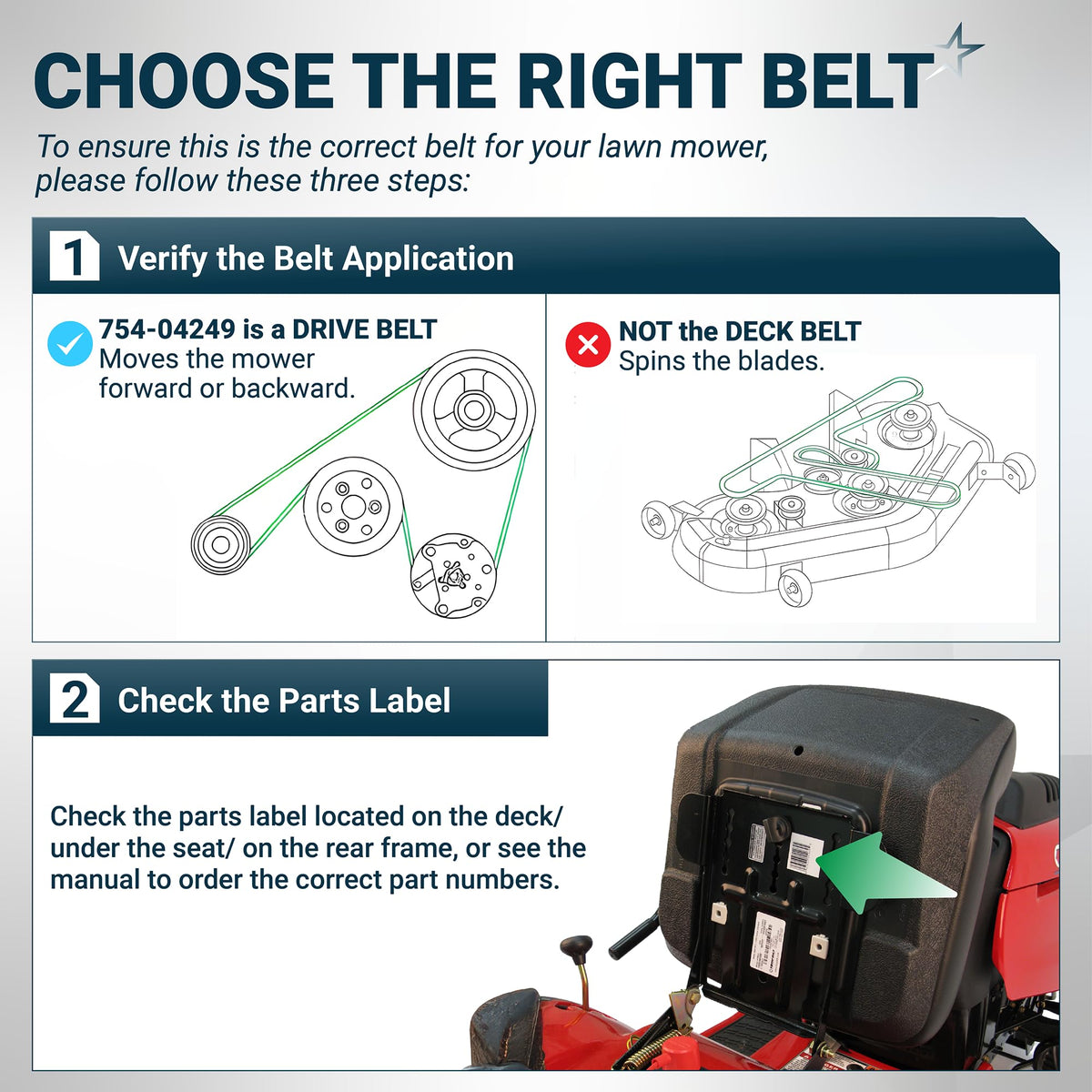 Instructional diagram for identifying 954-04249A lower drive belt application and parts label location on mower.
