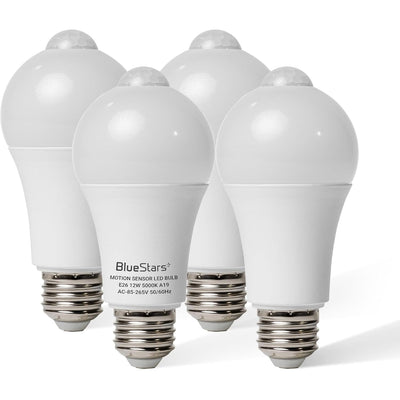 Pack of four 12W E26 motion sensor LED light bulbs with 5000K daylight output.