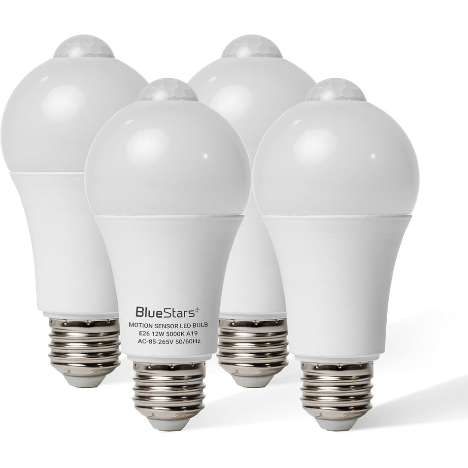 Pack of four 12W E26 motion sensor LED light bulbs with 5000K daylight output.