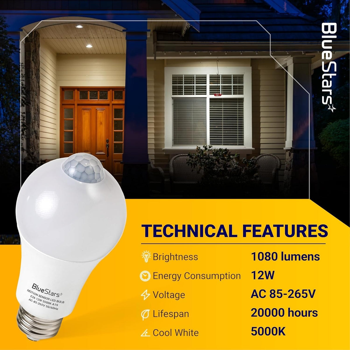 12W motion sensor LED bulb with technical specifications displayed against a house exterior background.