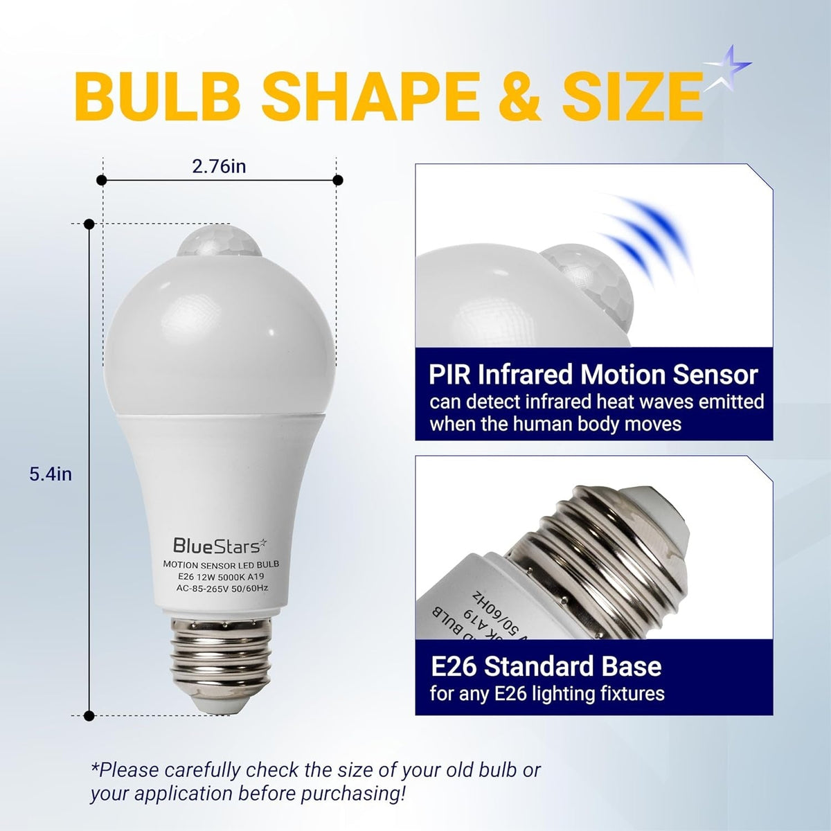 Dimensions and features diagram of 12W motion sensor LED bulb with E26 base and PIR infrared sensor.