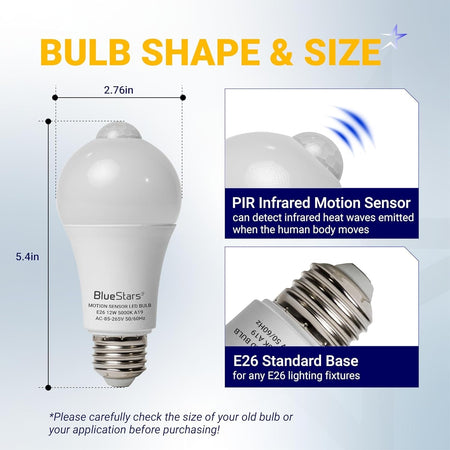 Dimensions and features diagram of 12W motion sensor LED bulb with E26 base and PIR infrared sensor.