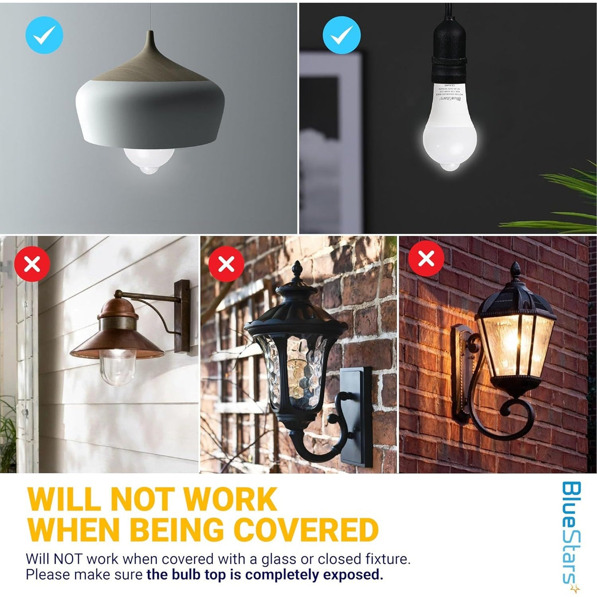 Comparison chart showing compatible open light fixtures versus incompatible enclosed outdoor wall lanterns.