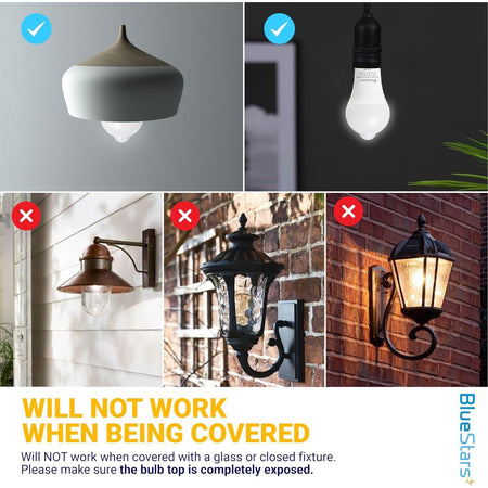 Comparison chart showing compatible open light fixtures versus incompatible enclosed outdoor wall lanterns.