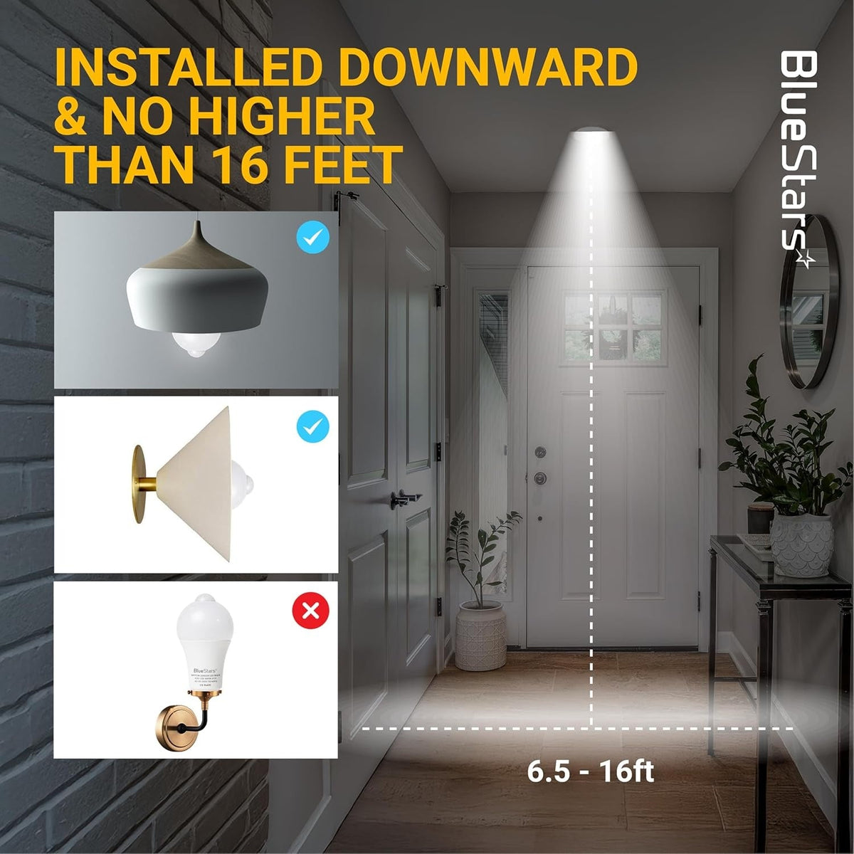 Installation guide for motion sensor LED bulbs showing correct downward orientation and height limits up to 16 feet.