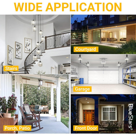 Collage showing wide application of motion sensor LED bulbs in stairs, courtyards, garages, porches, and front doors.