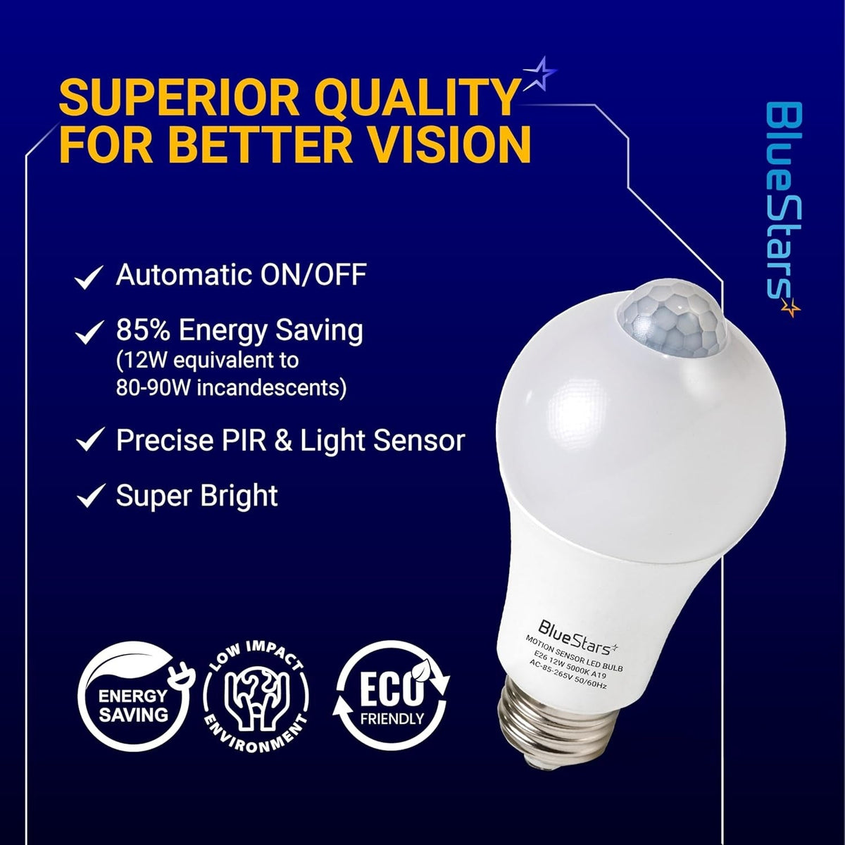 12W E26 motion sensor LED light bulb with PIR detector and energy-saving features on infographic background.