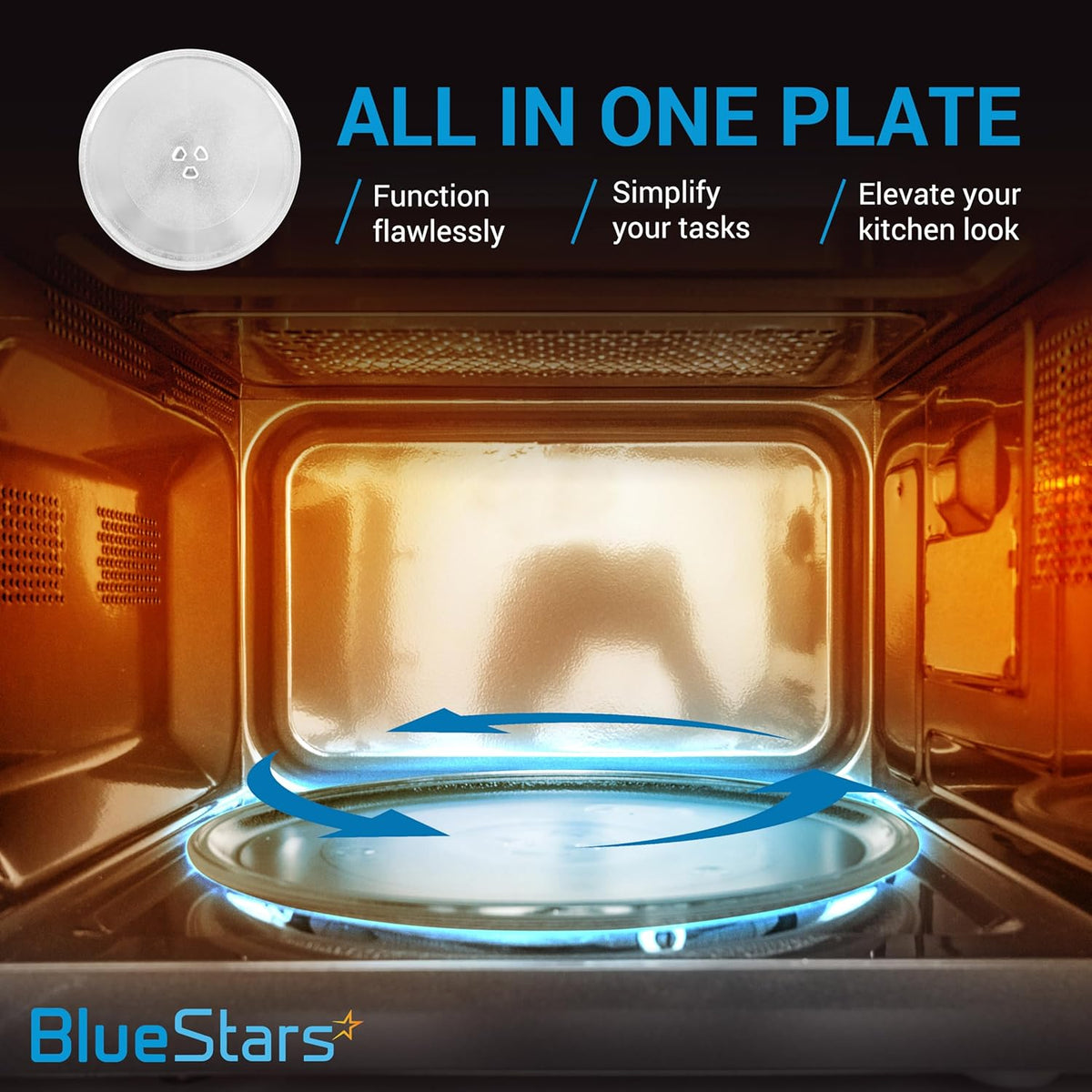12-inch microwave glass replacement plate installed inside a microwave oven with rotating motion graphic.