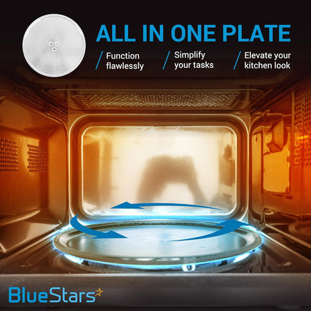 12-inch microwave glass replacement plate installed inside a microwave oven with rotating motion graphic.