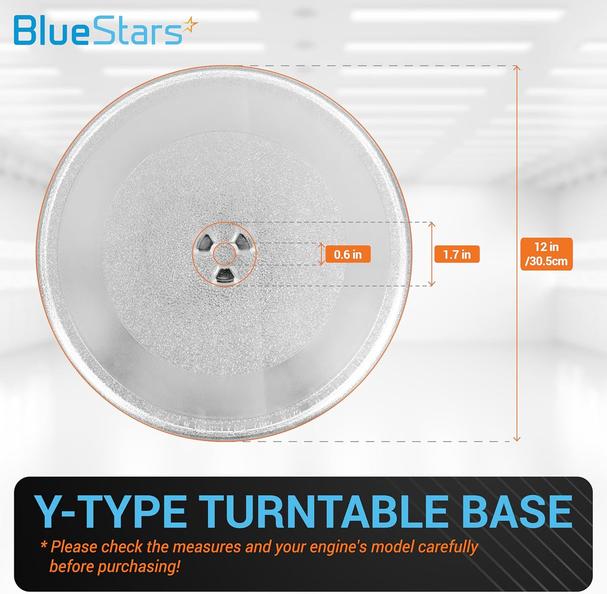 12-inch microwave glass plate replacement with Y-type turntable base, showing dimensions and center coupler detail.