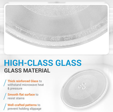 Close-up of 12-inch microwave glass plate replacement showing reinforced glass material and Y-type tray center.