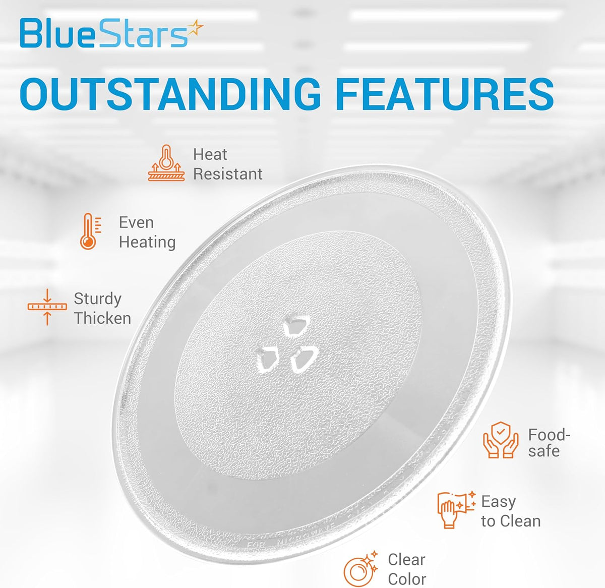 Infographic showing features of a 12-inch Y-type microwave glass plate replacement for Whirlpool and KitchenAid ovens.
