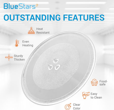 Infographic showing features of a 12-inch Y-type microwave glass plate replacement for Whirlpool and KitchenAid ovens.