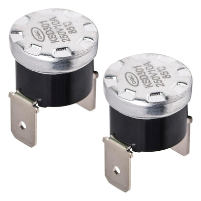 Pack of two 661566 dishwasher high limit thermostats with KSD301 250V 10A 85C markings.