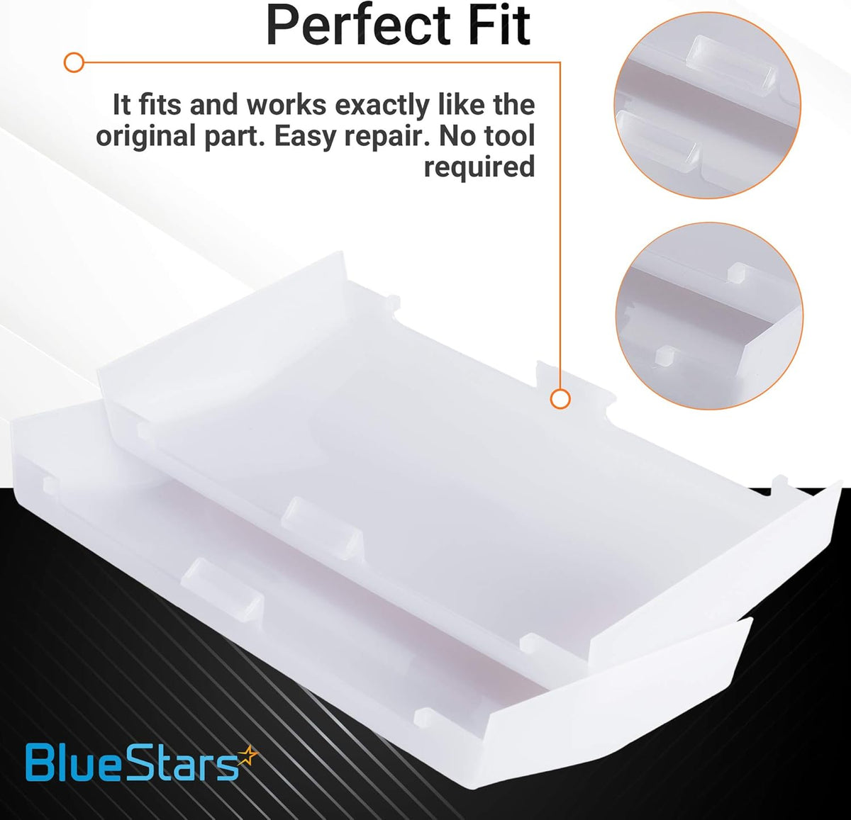 Two white bathroom vent fan light lens covers showing a perfect fit design with close-up detail views.
