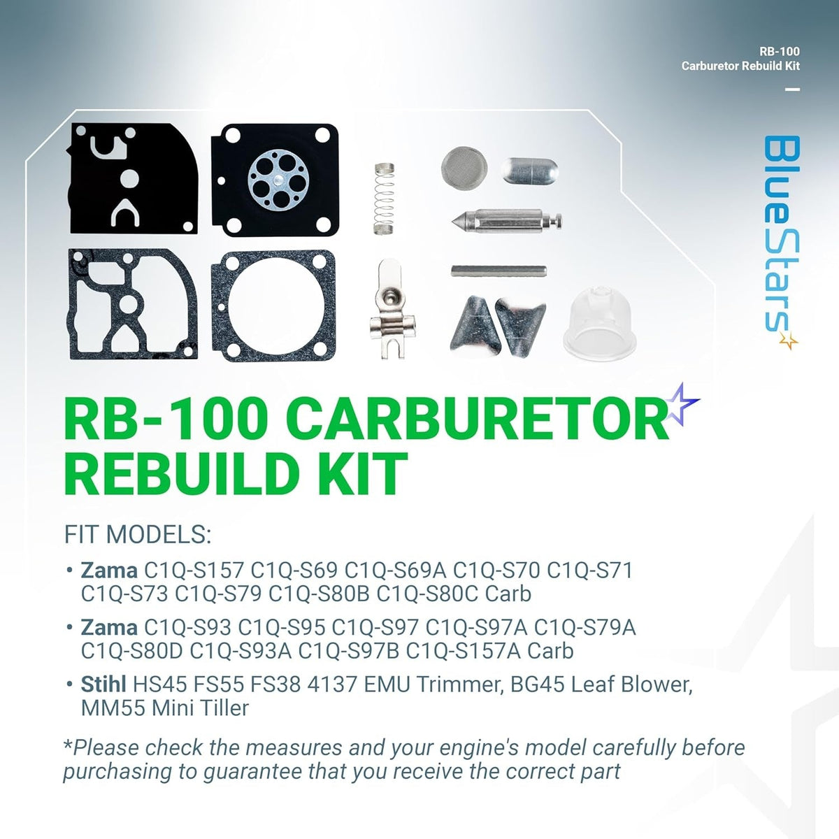 RB-100 carburetor rebuild kit components including gaskets, primer bulb, and needle valve for Zama and Stihl equipment.