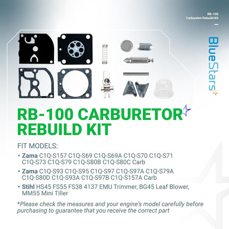 RB-100 carburetor rebuild kit components including gaskets, primer bulb, and needle valve for Zama and Stihl equipment.