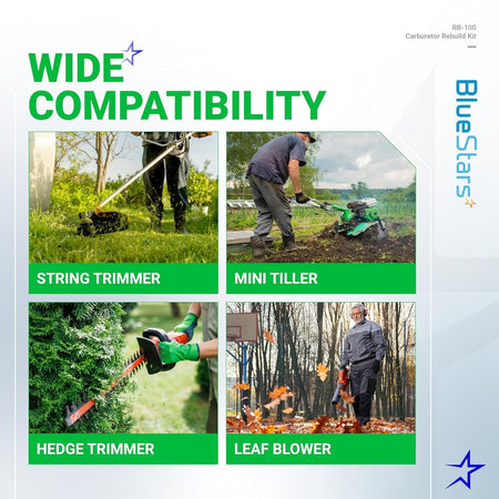 Infographic showing wide compatibility of RB-100 carburetor rebuild kit with trimmers, tillers, and leaf blowers.