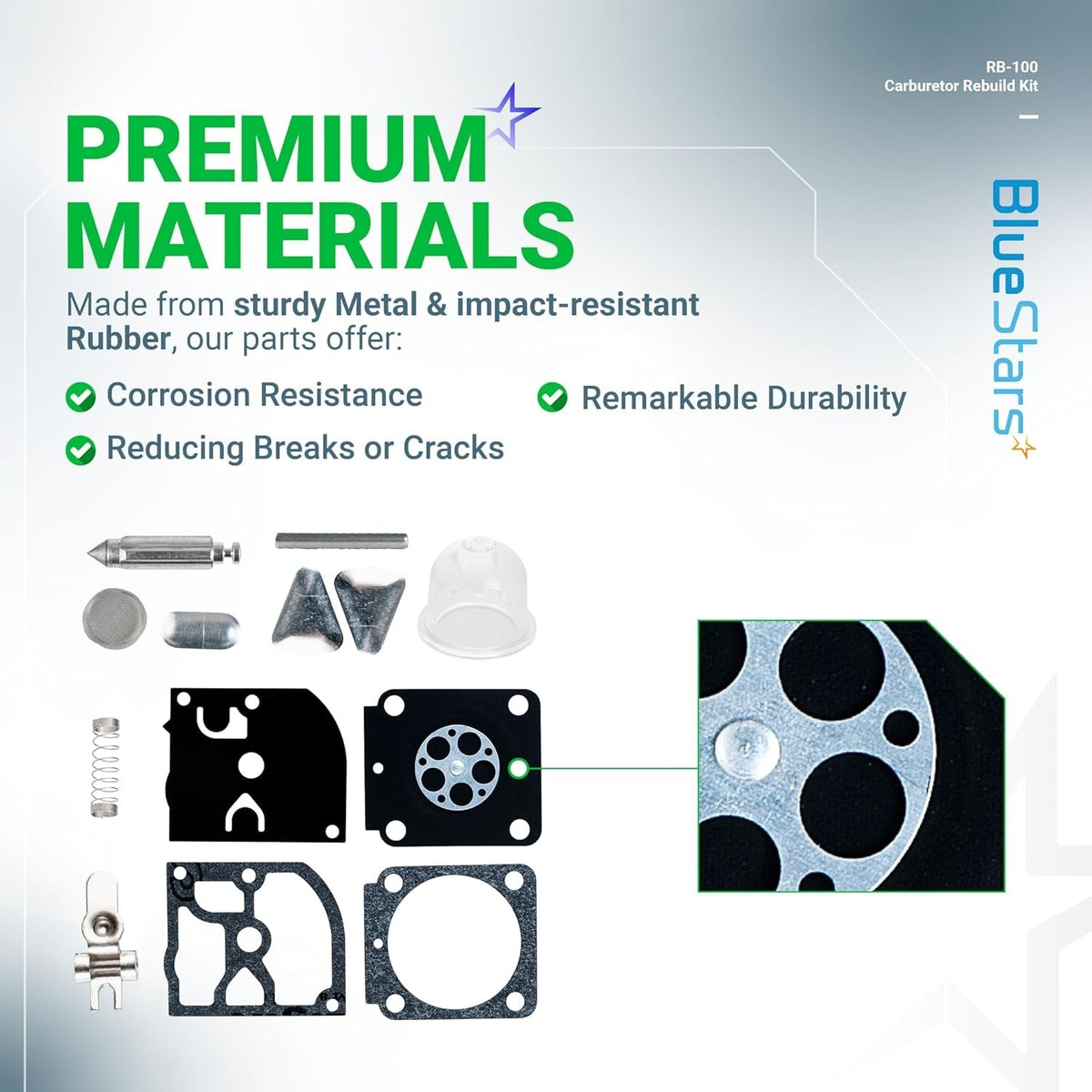 RB-100 carburetor rebuild kit components including gaskets, primer bulb, and metal parts with a close-up view.